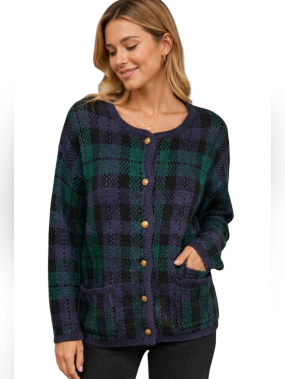 Vintage CRYSTAL KOBE Plaid Knit Cardigan Sweater. Blue/green. Gold Buttons. Med